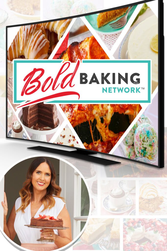 Bold Baking Network logo on a TV with creator and chef Gemma Stafford