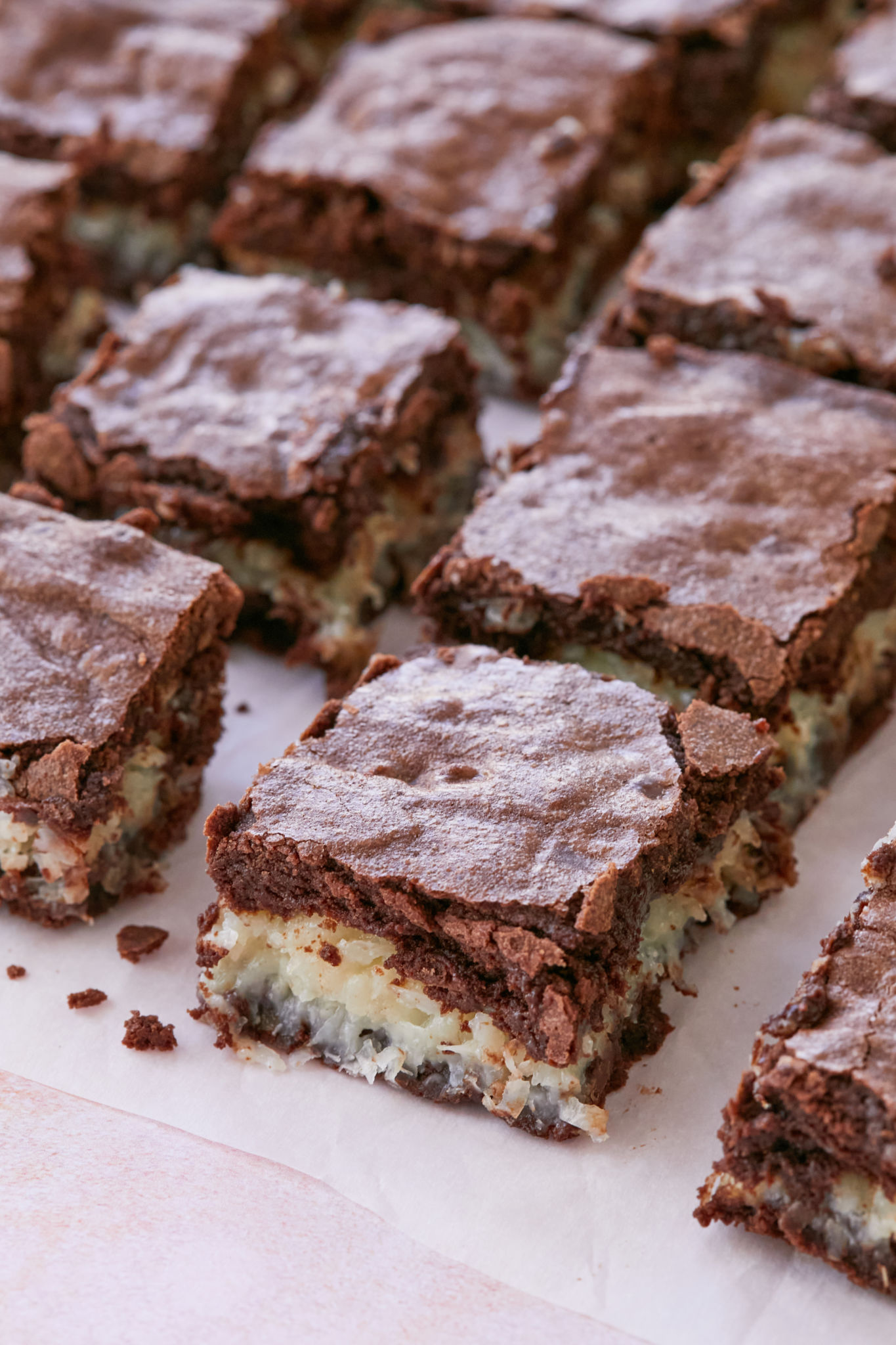 A close-up image shows the chewy layer of coconut macaroon stuffed in two layers of brownies.