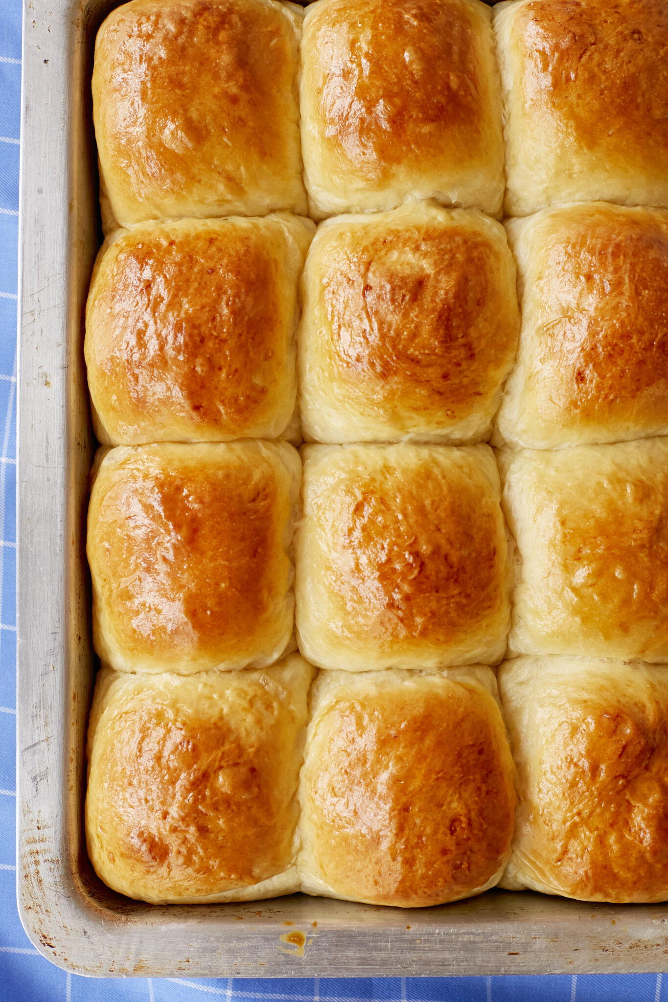 A pan of golden brown mashed potato dinner rolls are baked to perfection. 