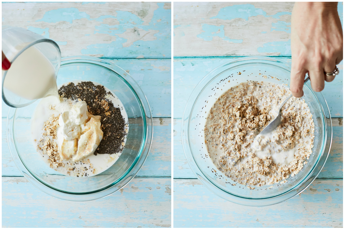 Two photos of the overnight oats ingredients in glass bowls - the oats, chia seeds, bananas, and milk unmixed on the left, and all of the ingredients mixed together on the right.