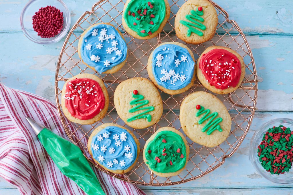 Soft Sugar Cookies recipe decorated with icing for the holidays.
