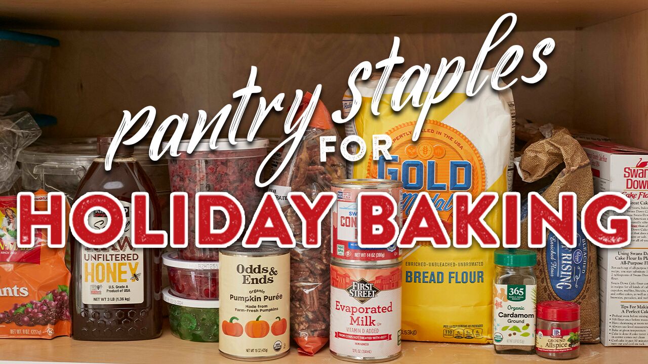 Essential Pantry Staples to Stock up for Holiday Baking, including pumpkin puree, evaporated milk, bread flour, cardamom, all spice, and more.